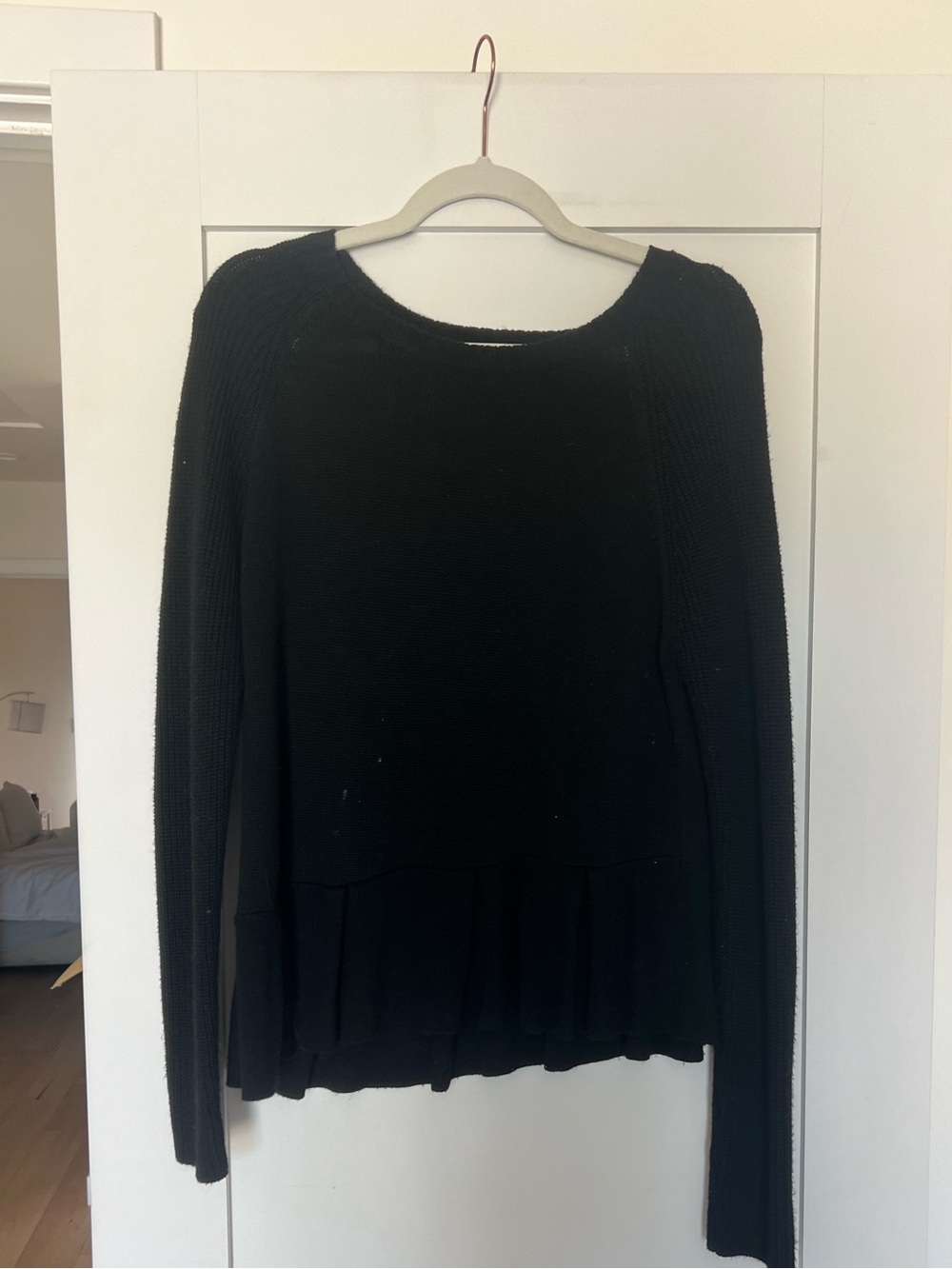 Black Crewneck Ruffle-Hem Knit Sweater